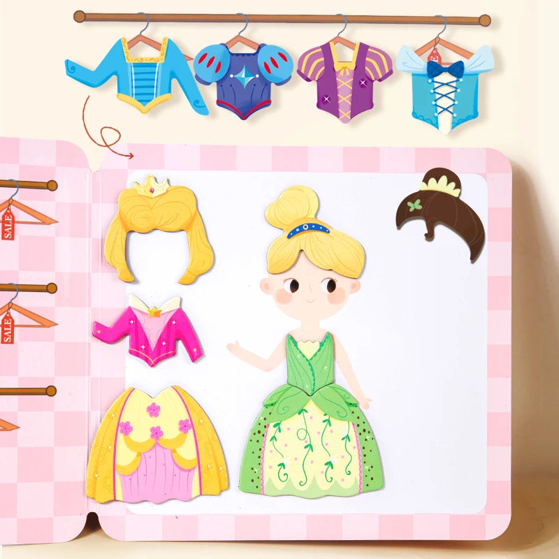 Children's dress-up board with princess character and clothing pieces on a pink background