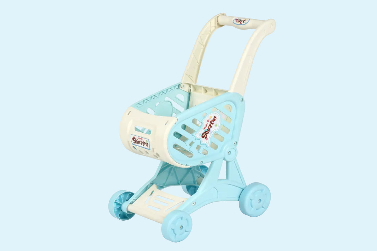 Toy shopping cart with a light blue basket and beige handle on a white background