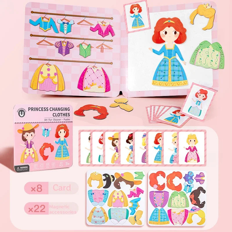 Princess changing clothes toy set with cards and figures on a pink background