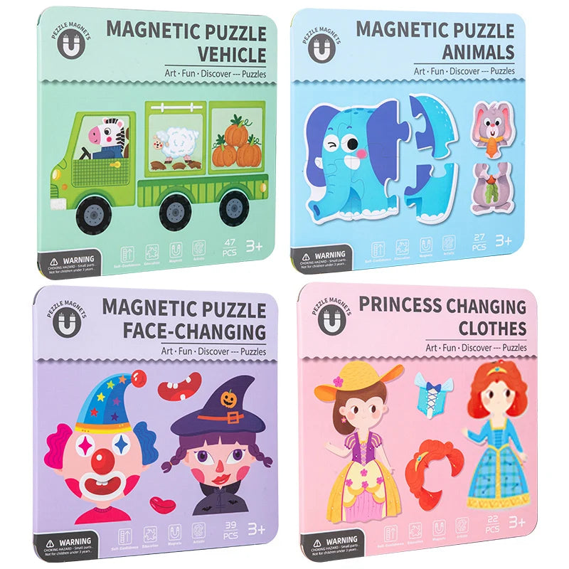 Four educational puzzle packages for children on a white background.