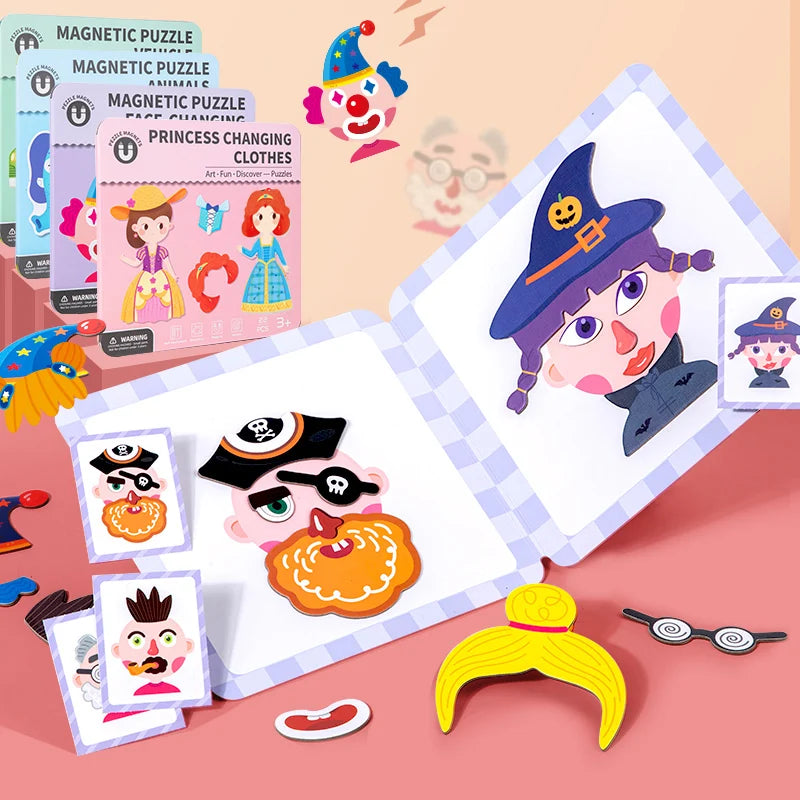 Magnetic puzzle set with character costumes on a pink background