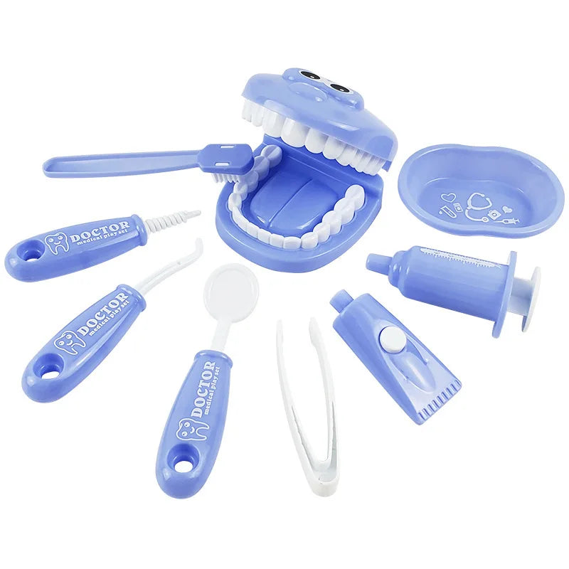 Set of blue dental tools for children on a white background
