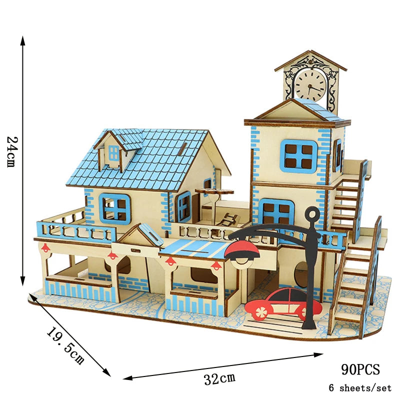 Wooden model house with clock tower and measurements on a white background