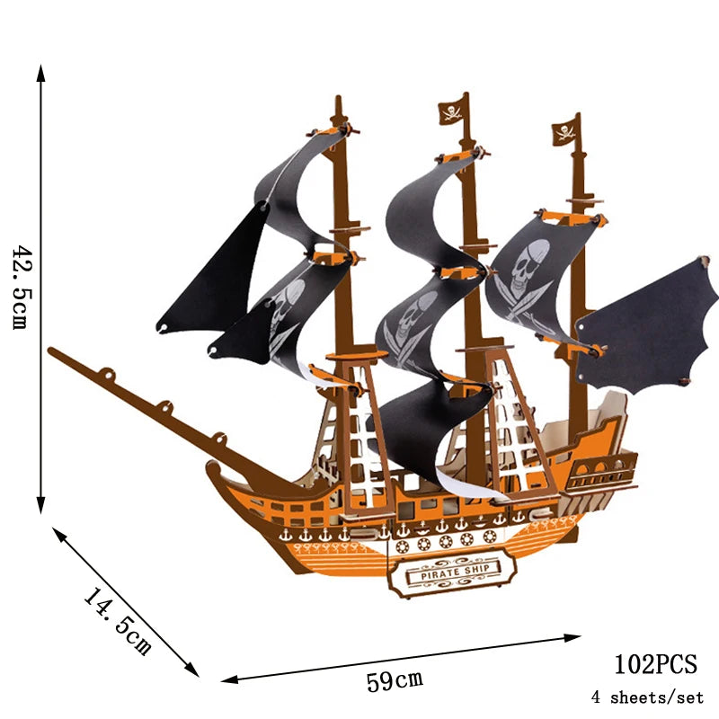 Pirate ship model kit with dimensions and piece count on a white background