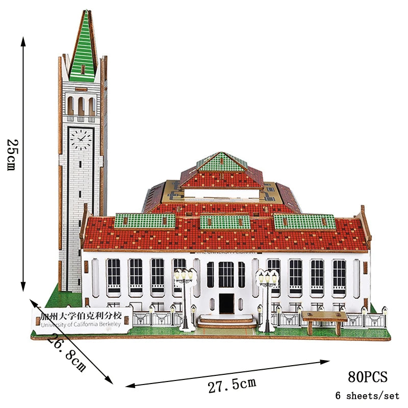 Model of a building with clock tower and dimensions on a white background