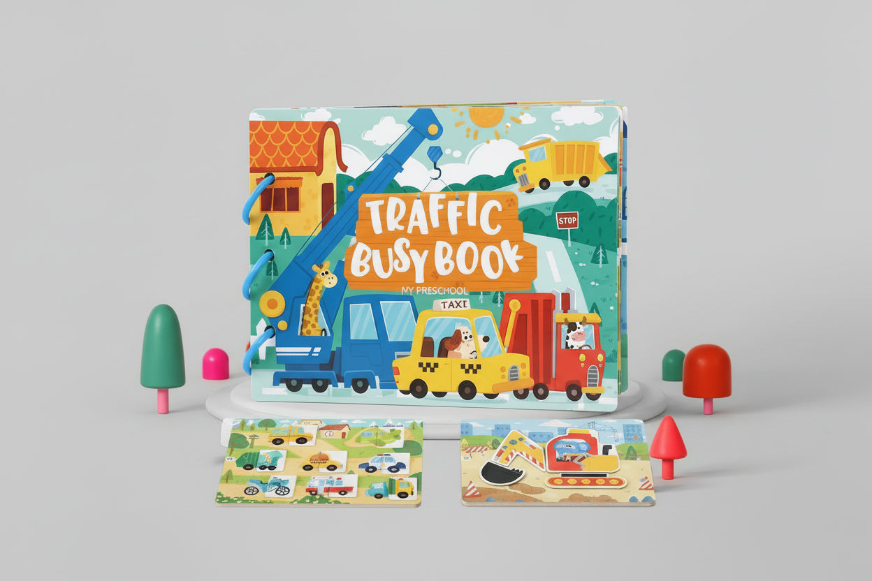 Children's book titled 'Traffic Busy Book' with toy vehicles and accessories on a colorful background
