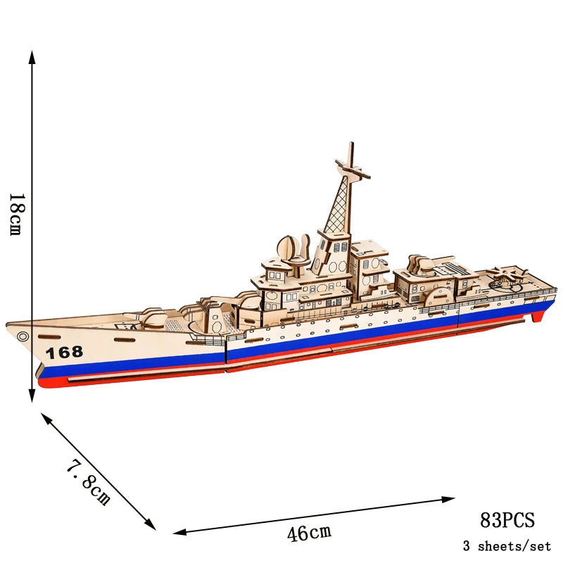 Wooden ship model with dimensions and piece count on a white background