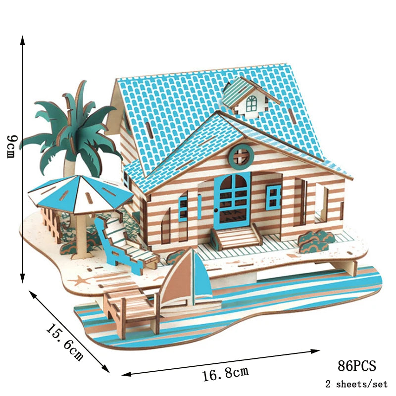 Wooden beach house puzzle with dimensions and piece count on a white background