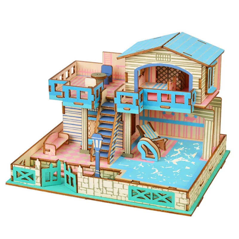 Colorful dollhouse with multiple levels and a pool on a white background
