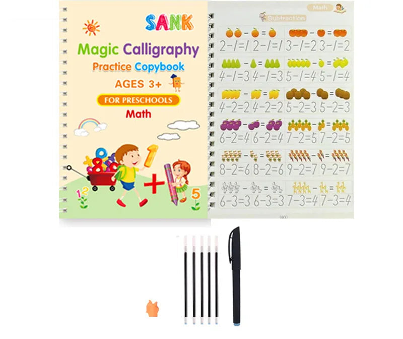Math practice copybook with pen, pen holder, and refills on a white background