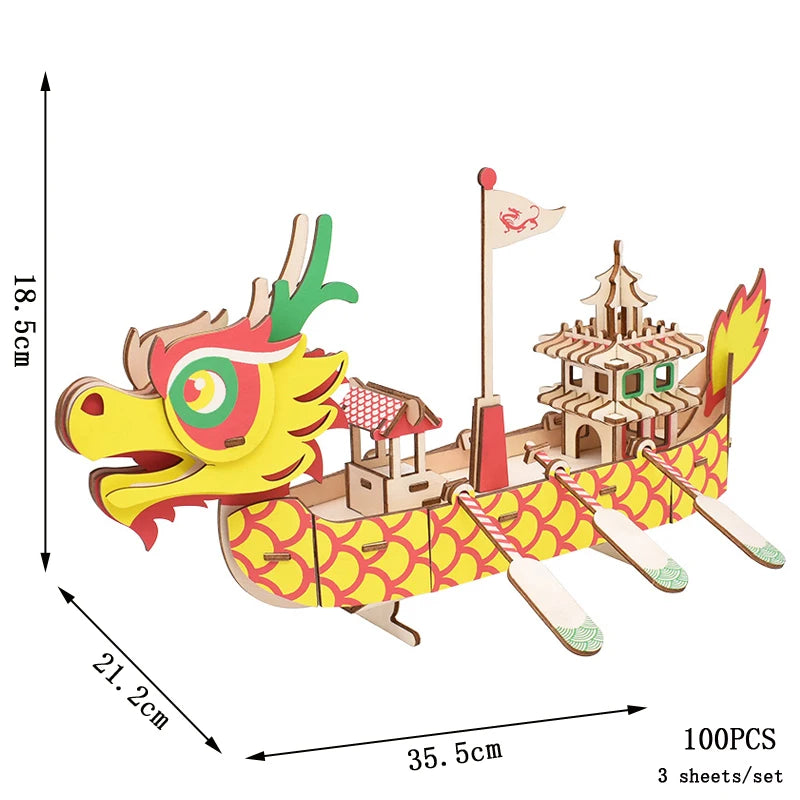 Dragon boat model kit with dimensions on a white background