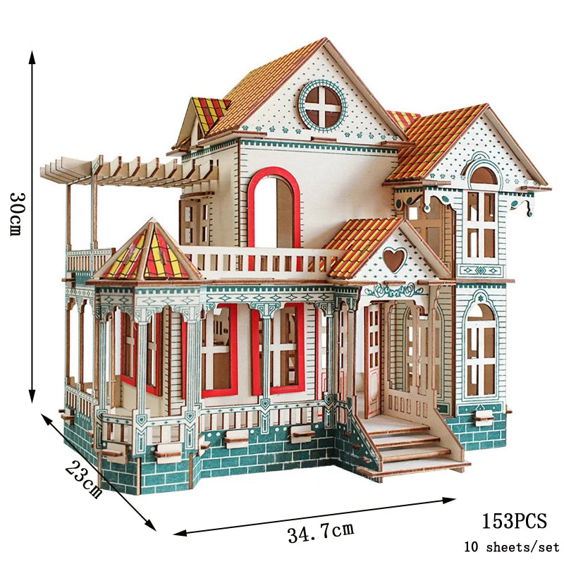 Detailed model of a Victorian-style house with dimensions and puzzle piece count on a white background