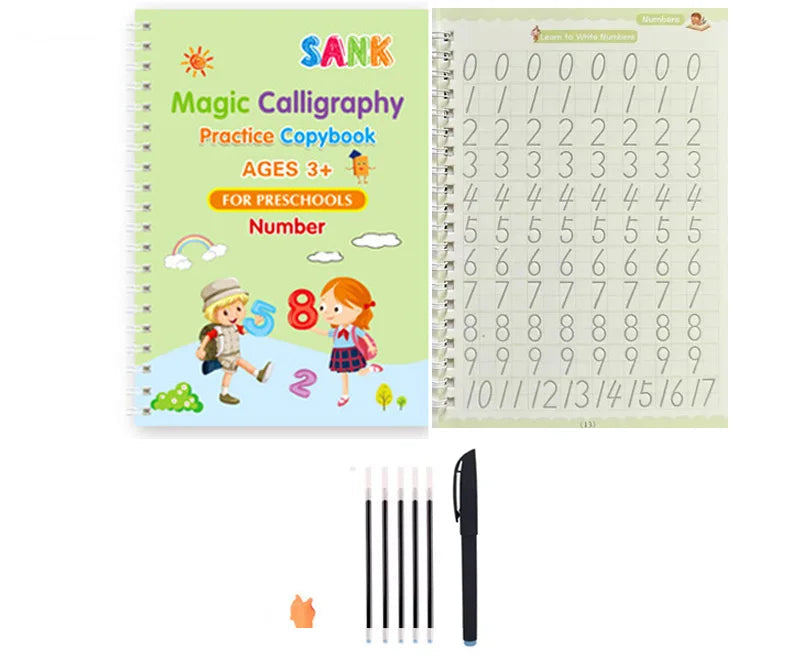Magic Calligraphy Practice Copybook with pen, pen holder, and refills on a white background