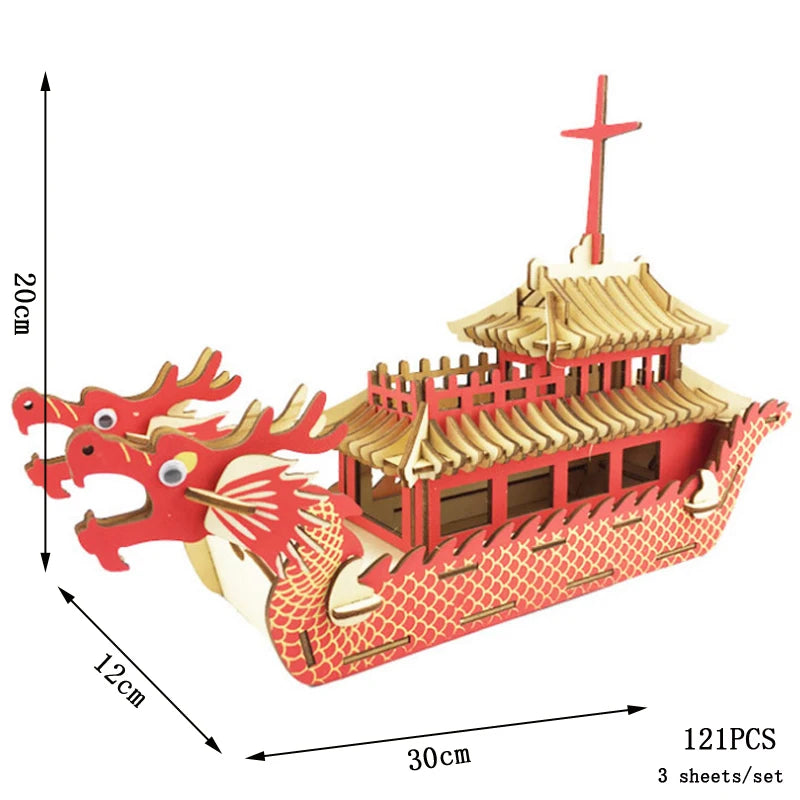 Red dragon boat model with measurements on a white background