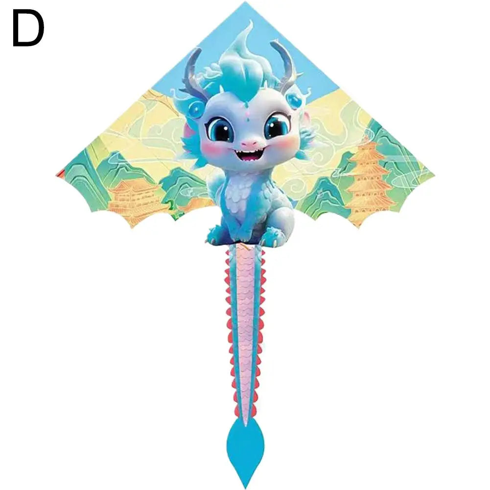 Colorful dragon-shaped kite with a cartoon design on a white background