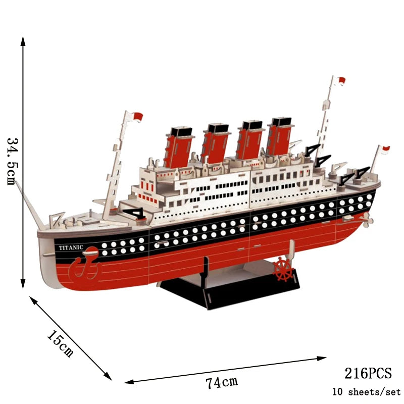 Model of the Titanic with dimensions and piece count on a white background