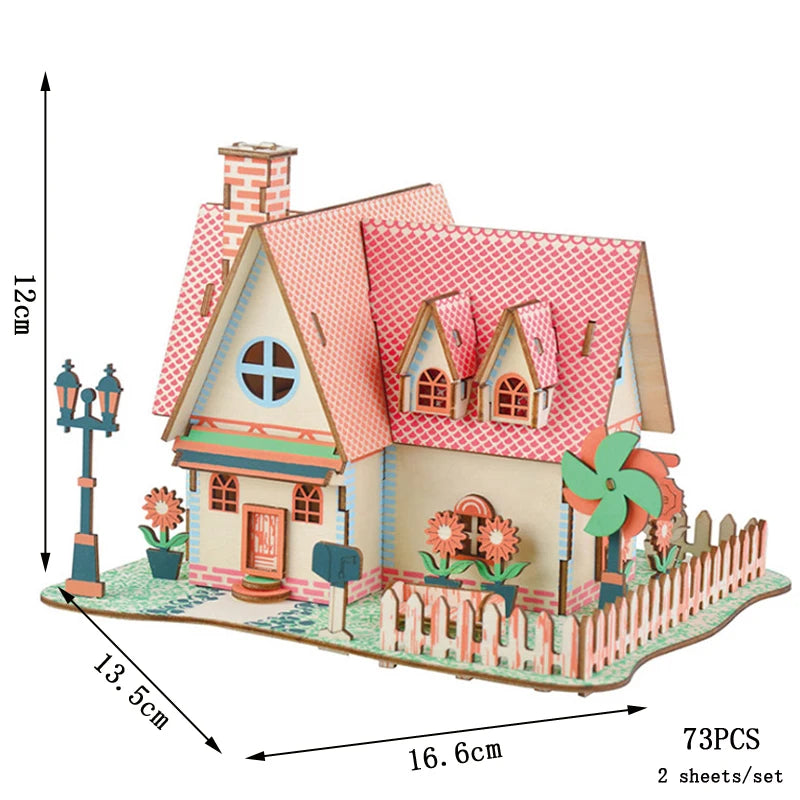 Cardboard house model with measurements and piece count on a white background