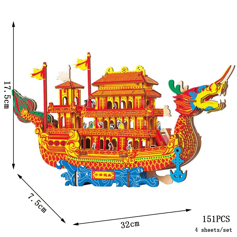 Colorful dragon boat model kit with dimensions and piece count on a white background