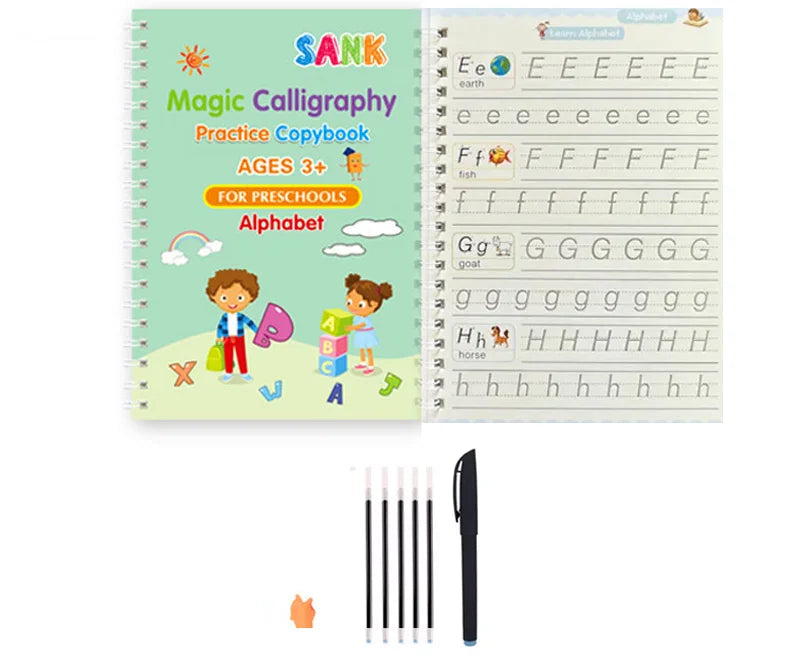 Magic Calligraphy practice copybook with pen, pen holder, and refills on a white background