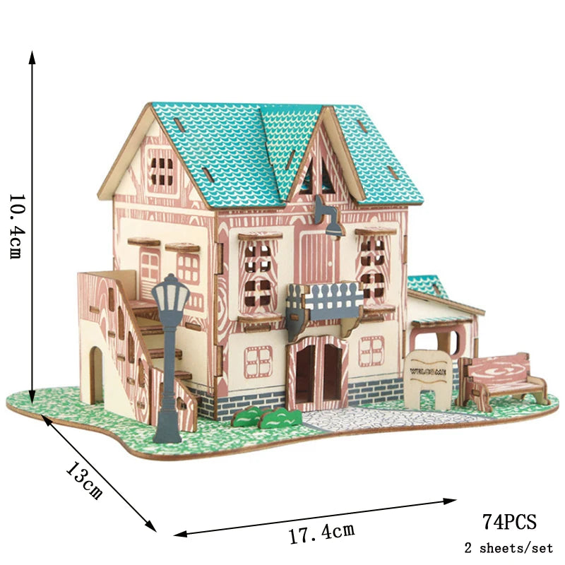 Model of a house with dimensions and piece count displayed