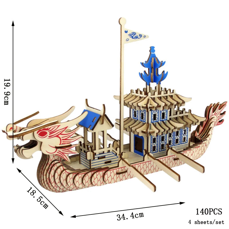 Wooden dragon boat model with measurements and puzzle pieces count on a white background