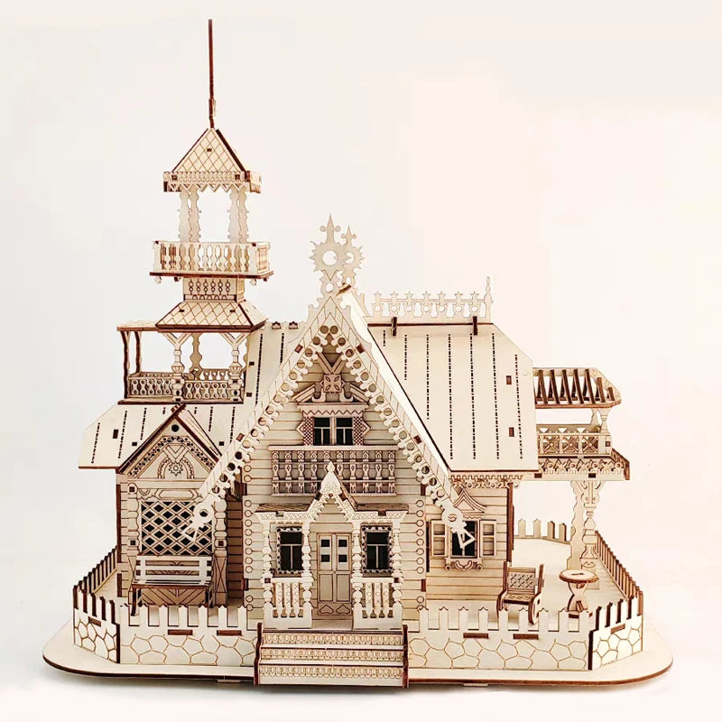 Wooden model of a detailed house with a white background