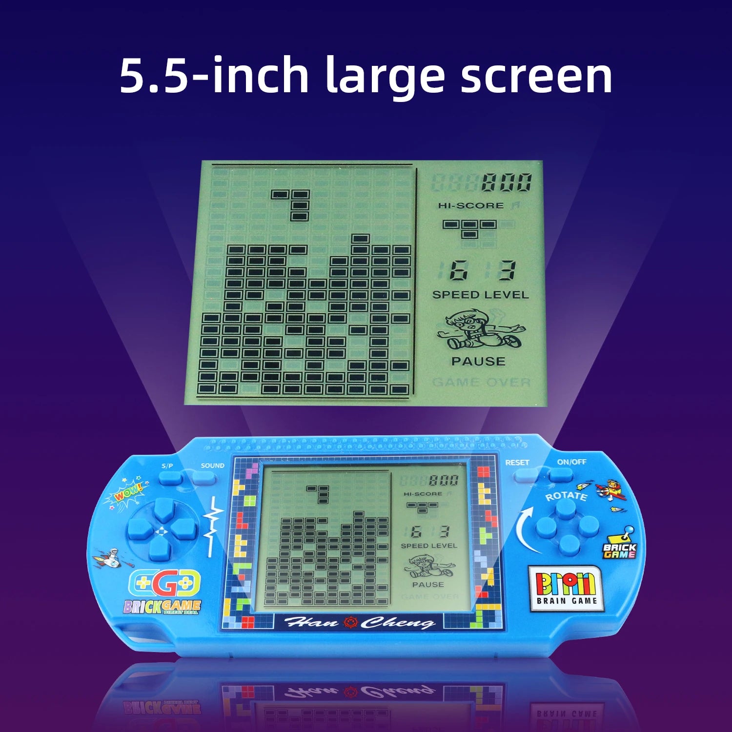 Handheld game console with a large screen displaying a classic game on a blue background.