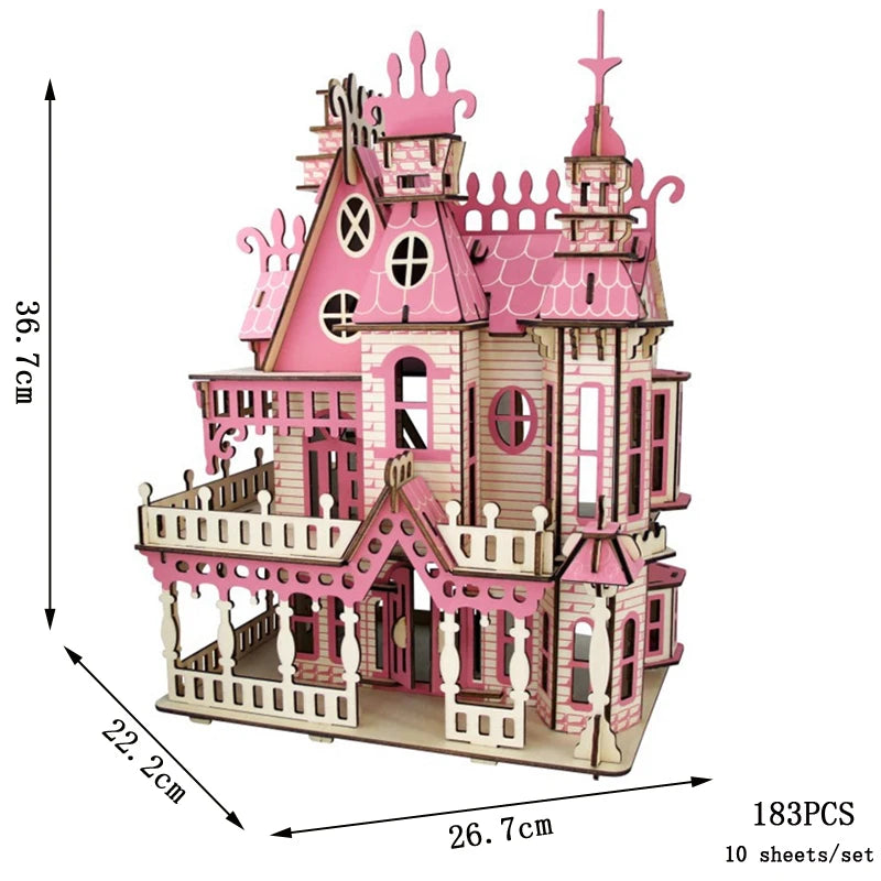 Pink dollhouse with dimensions and piece count on a white background