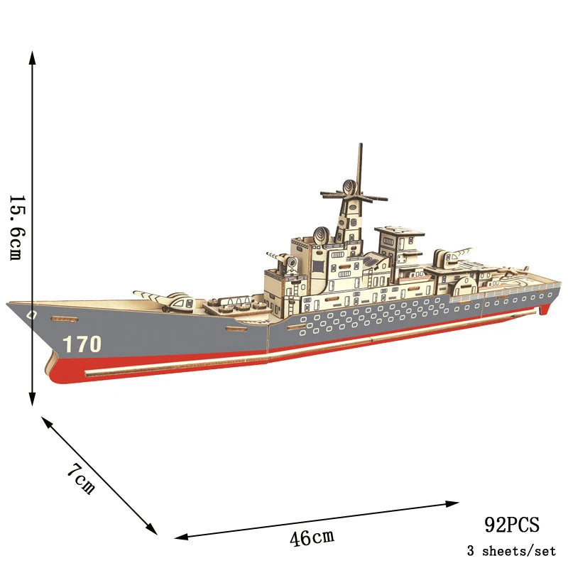 Model of a battleship with dimensions and piece count on a white background