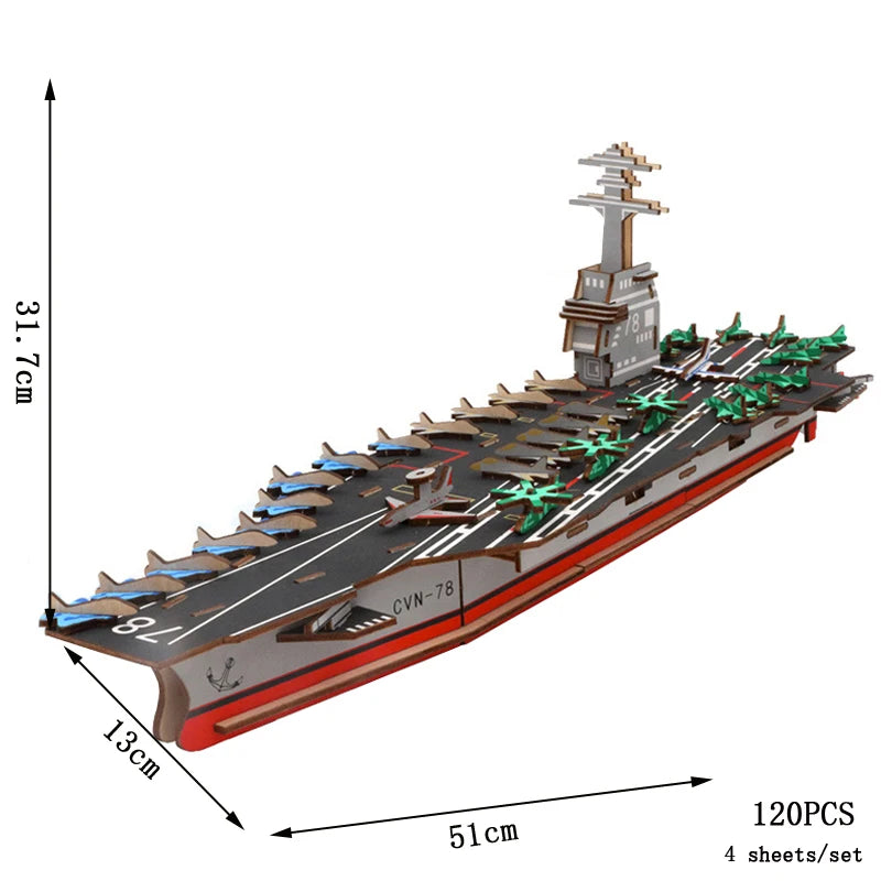 Model of an aircraft carrier with dimensions and puzzle piece count on a white background