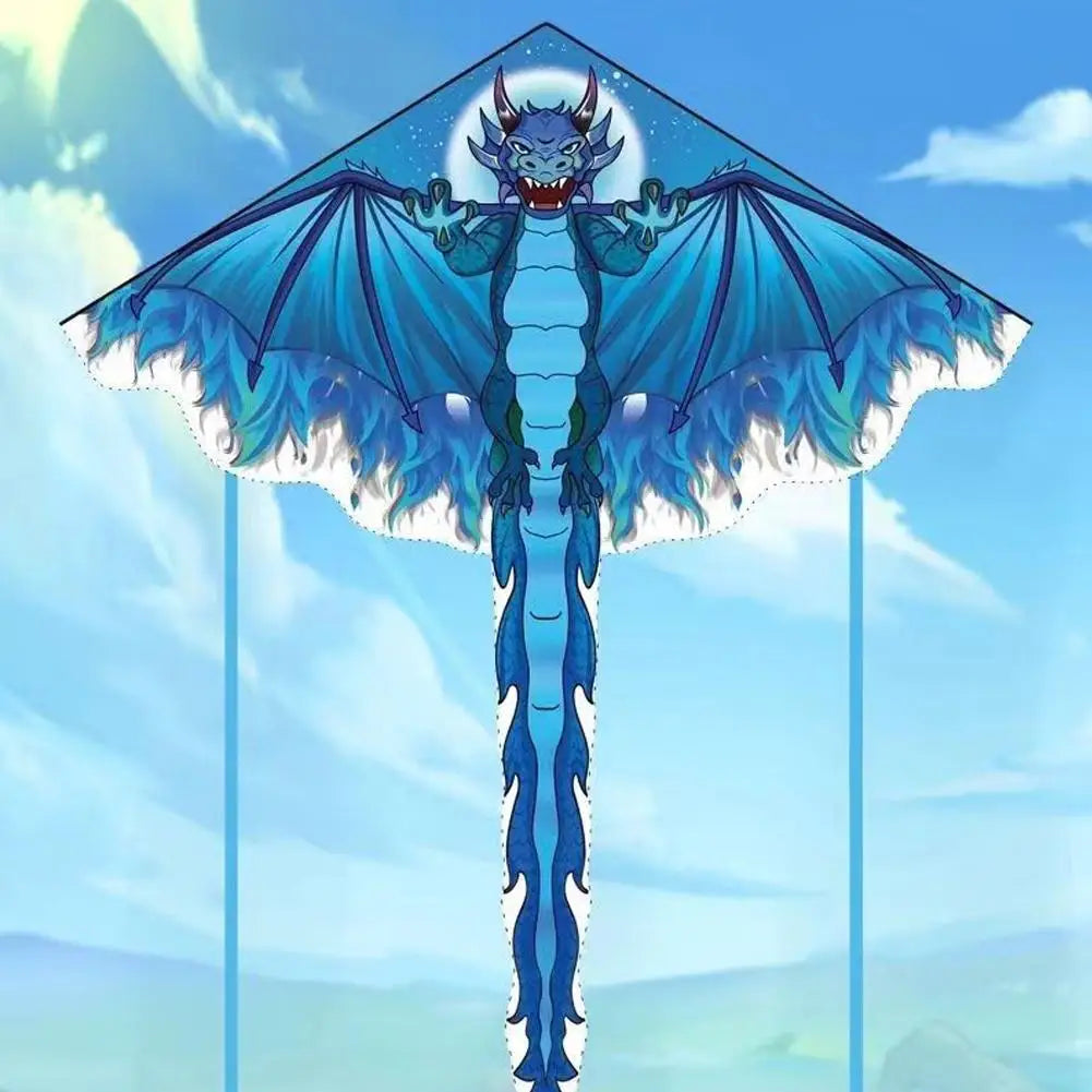 Blue dragon kite against a blue sky background