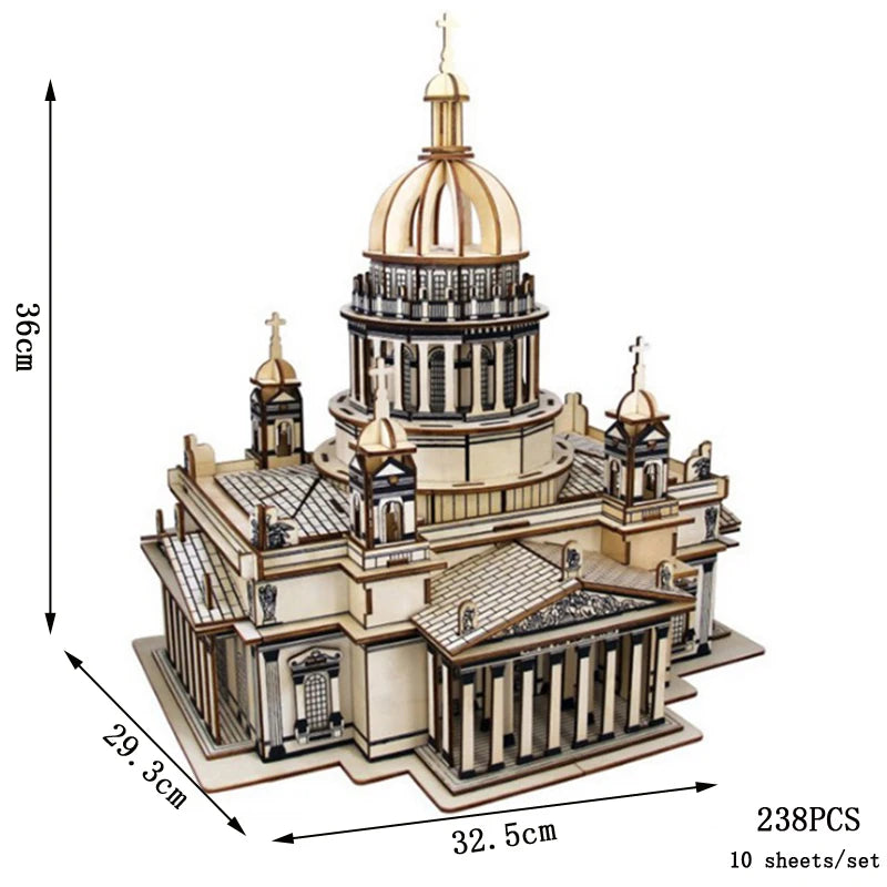 Wooden model of a cathedral with dimensions and piece count on a white background
