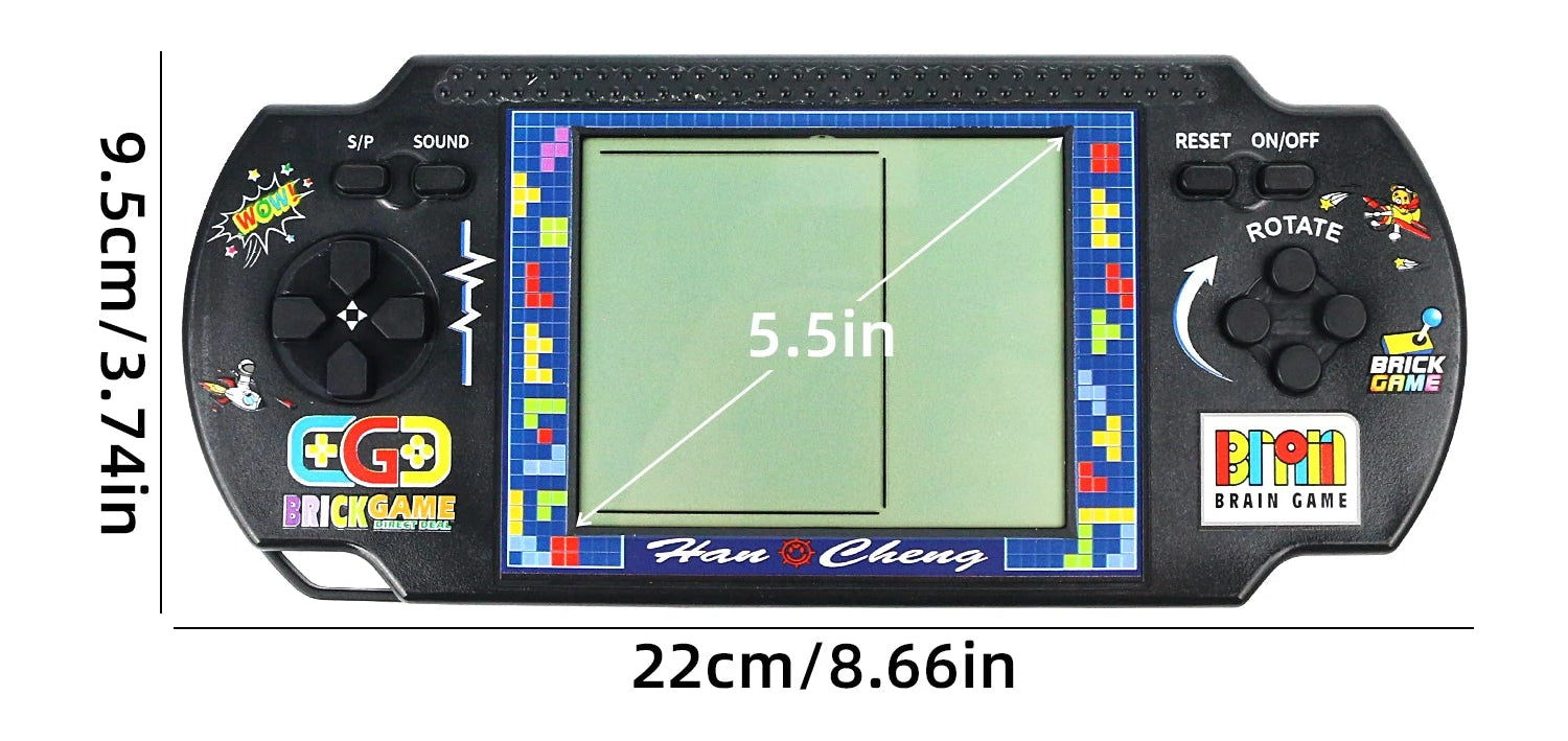 Handheld game console with dimensions compared to a smartphone