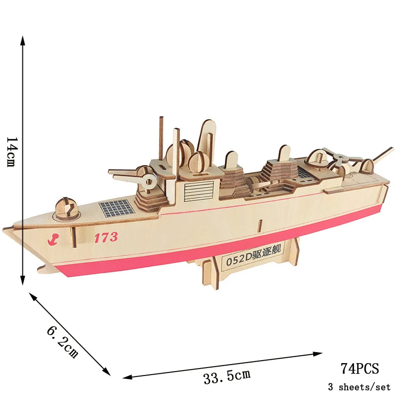 Wooden ship model kit with dimensions on a white background