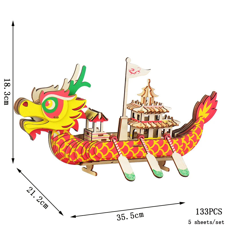 Colorful dragon boat model with dimensions and piece count on a white background