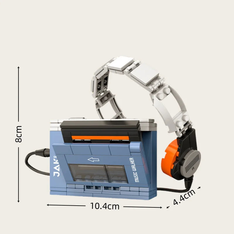 Toy robot arm with a music player model, showing dimensions on a light gray background.