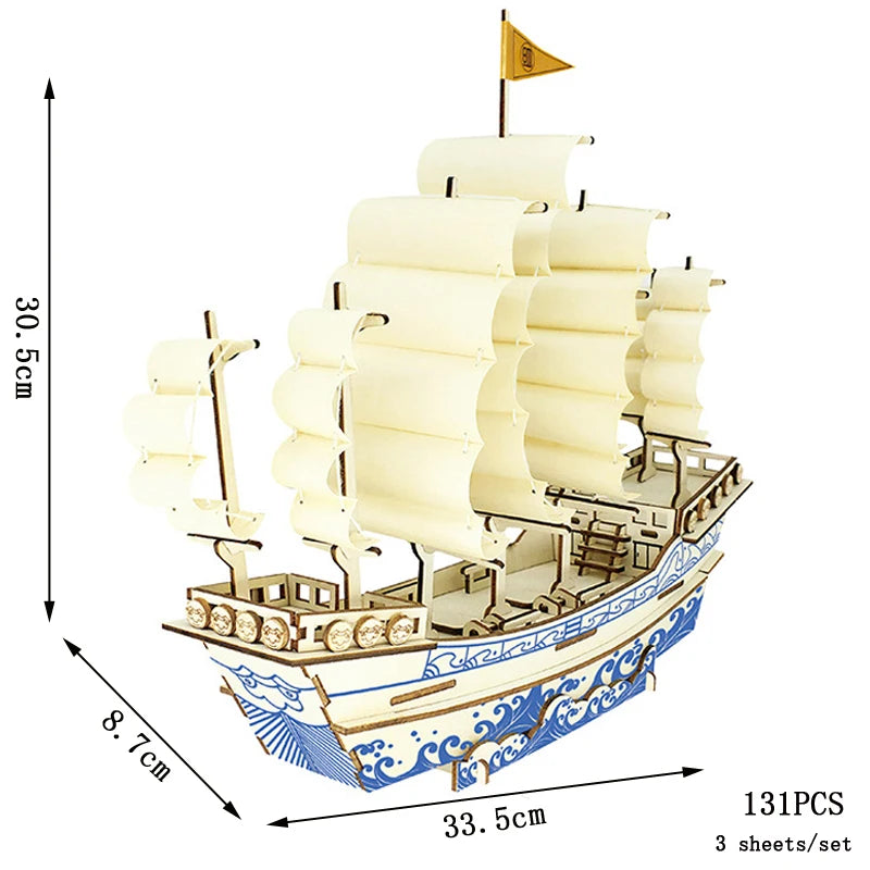 Wooden ship model with dimensions and piece count on a white background