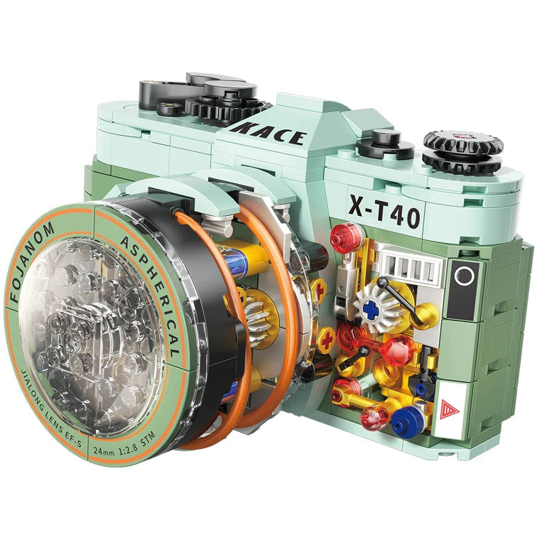 Toy camera model X-T40 made of interlocking bricks on a white background