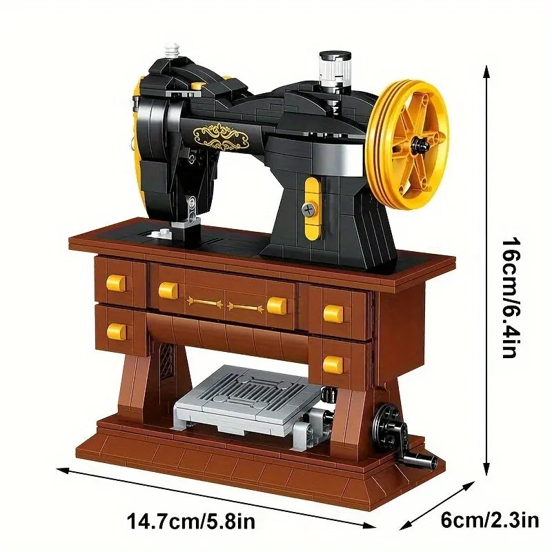 Model of a sewing machine on a wooden stand with dimensions indicated