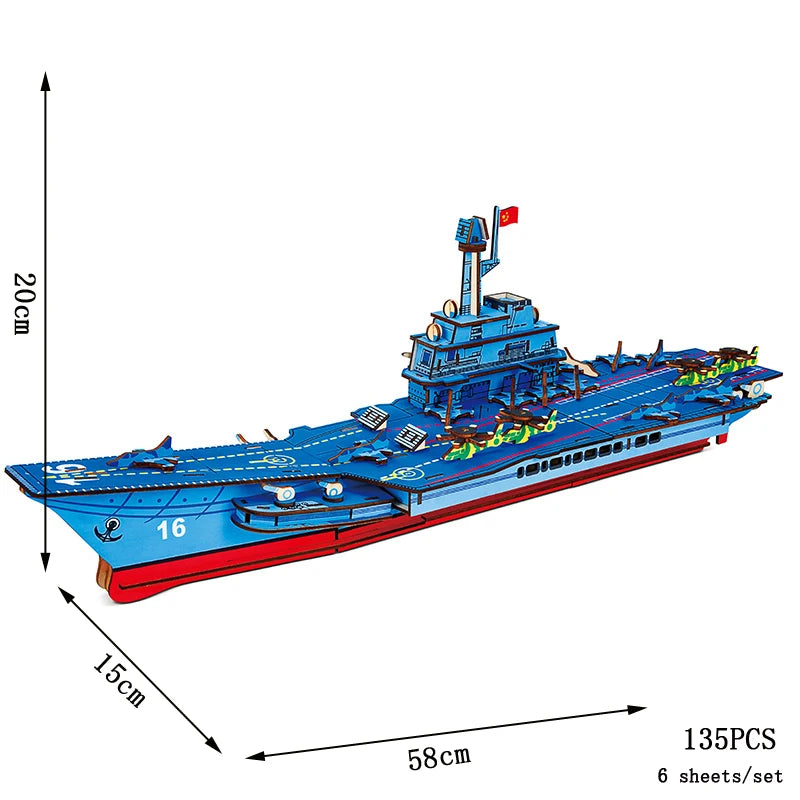 Toy aircraft carrier model with dimensions and piece count on a white background