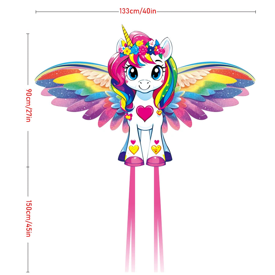 Colorful unicorn kite with measurements on a white background