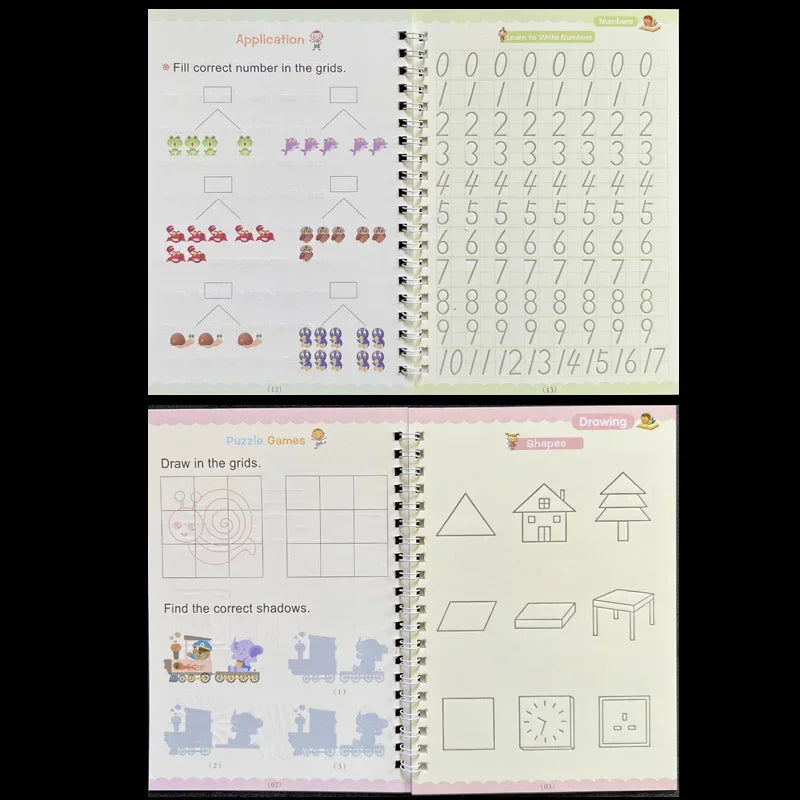 Educational book with number tracing and shape matching activities on a black background