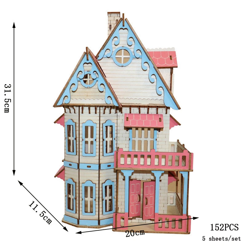Colorful dollhouse model with dimensions and piece count on a white background