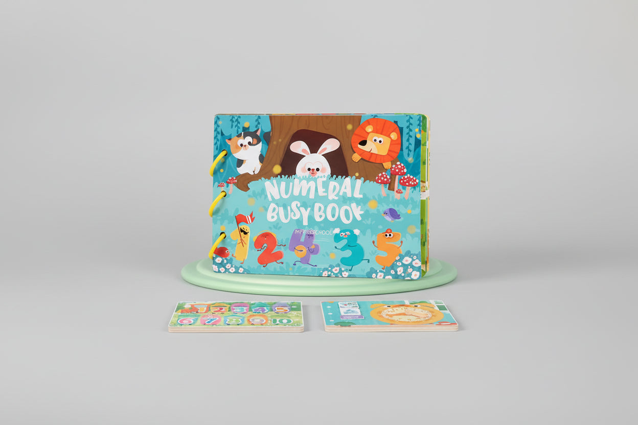 Children's educational book titled 'Numerals Busy Book' with cartoon animals on a light green background.
