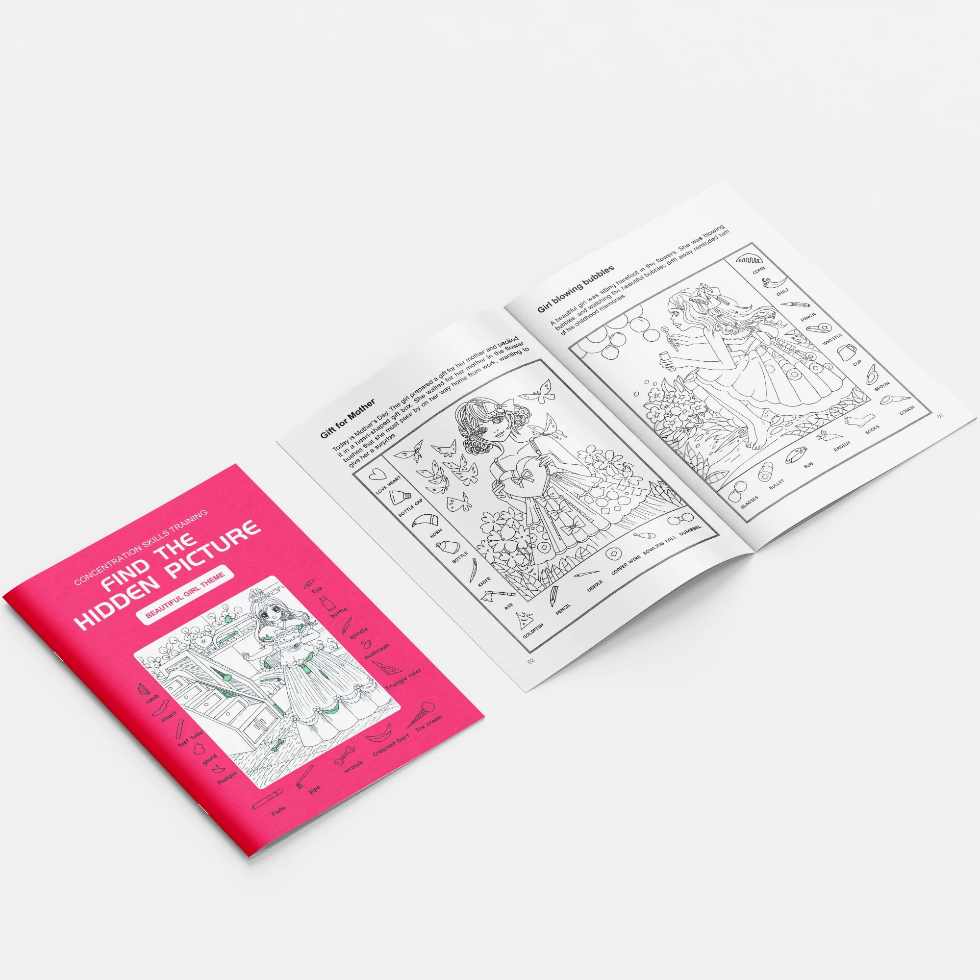 Coloring book with open pages showing illustrations on a white background