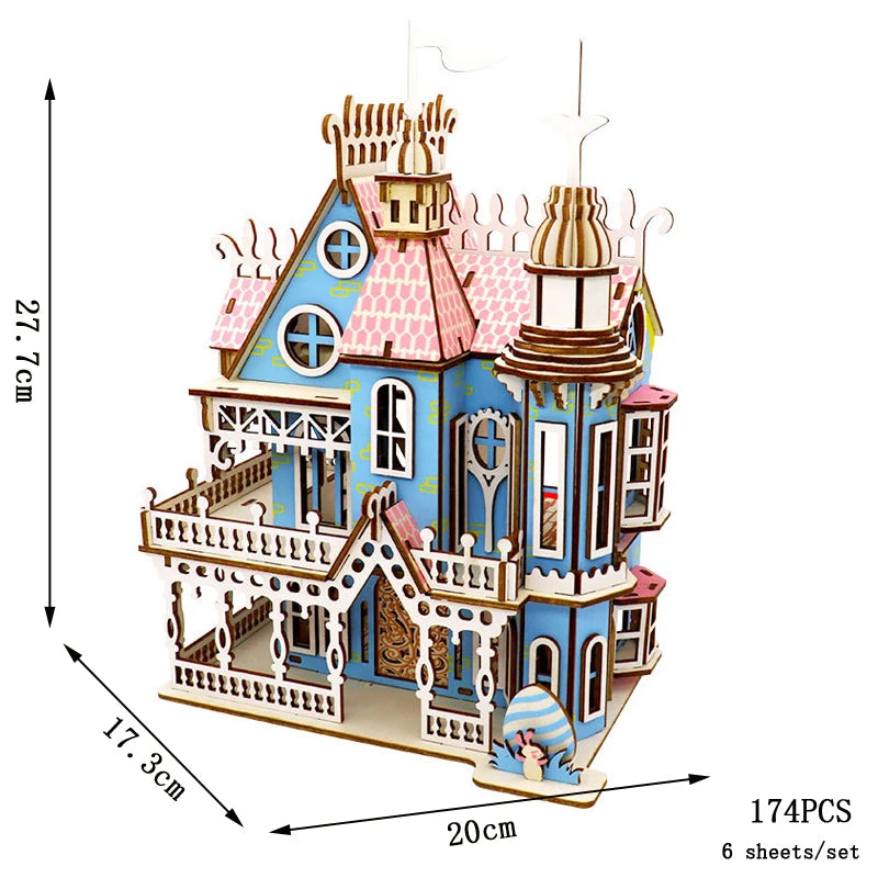 3D puzzle house model with dimensions and piece count on a white background