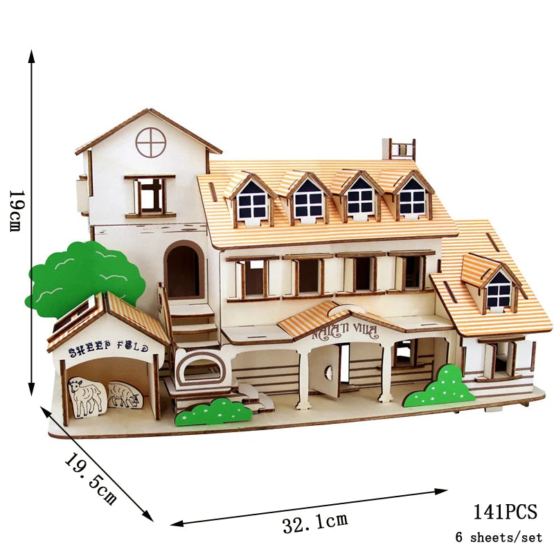 Wooden model house kit with dimensions and piece count on a white background