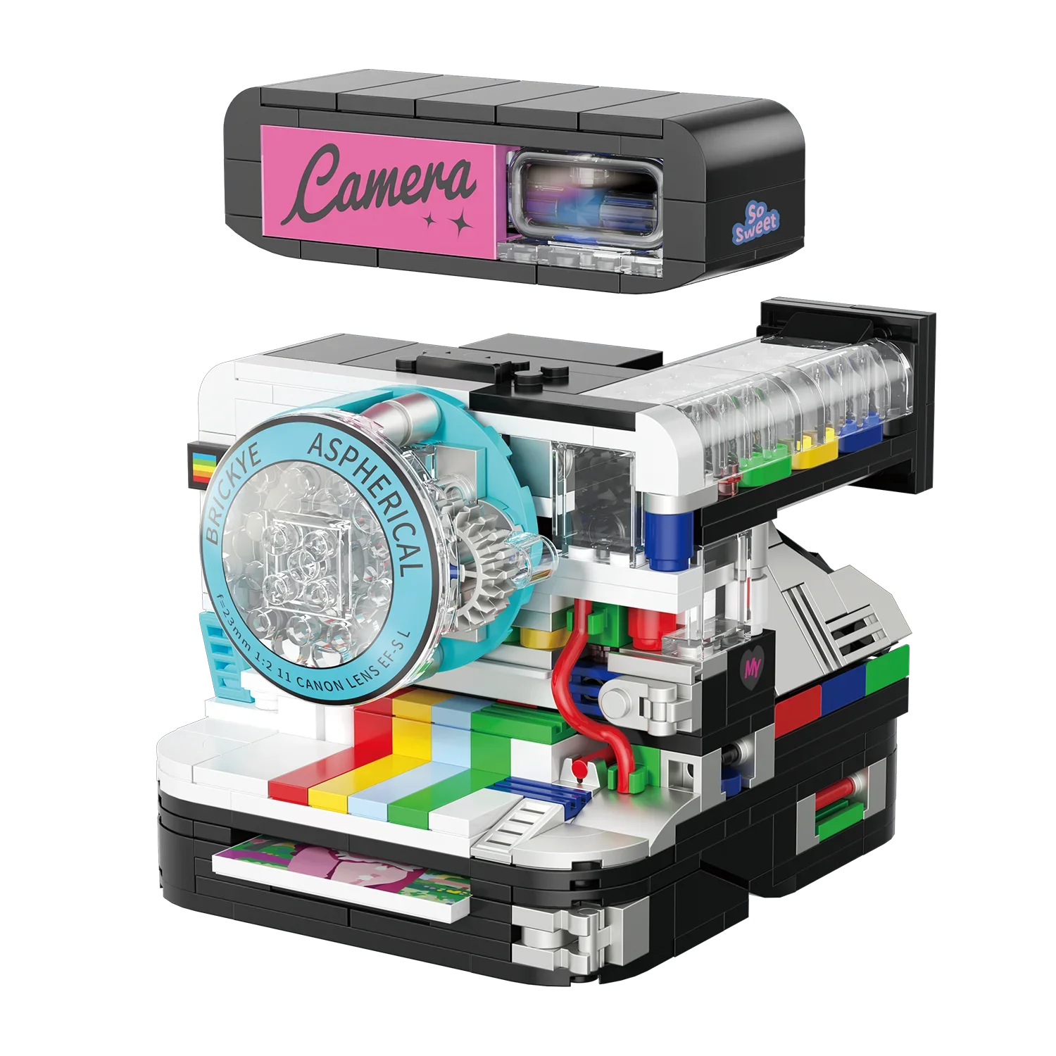 LEGO model of a camera with intricate details on a white background