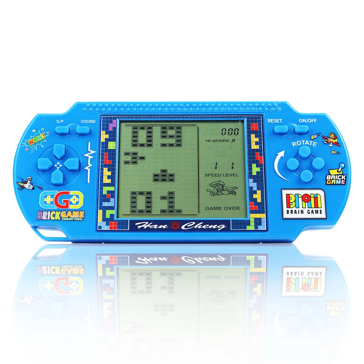 Blue handheld electronic game with digital display on a white background