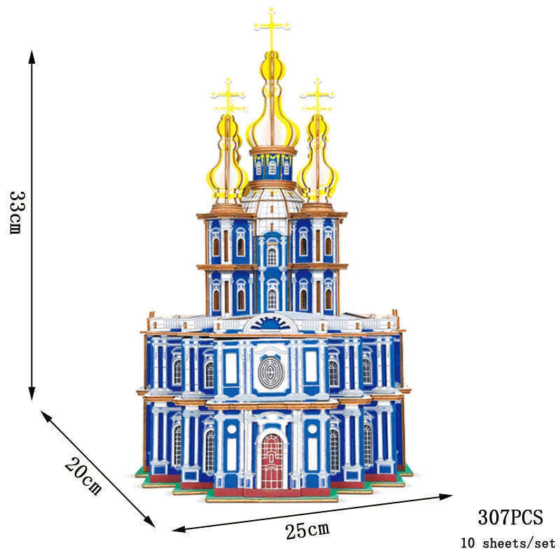 3D puzzle model of a cathedral with dimensions and piece count on a white background